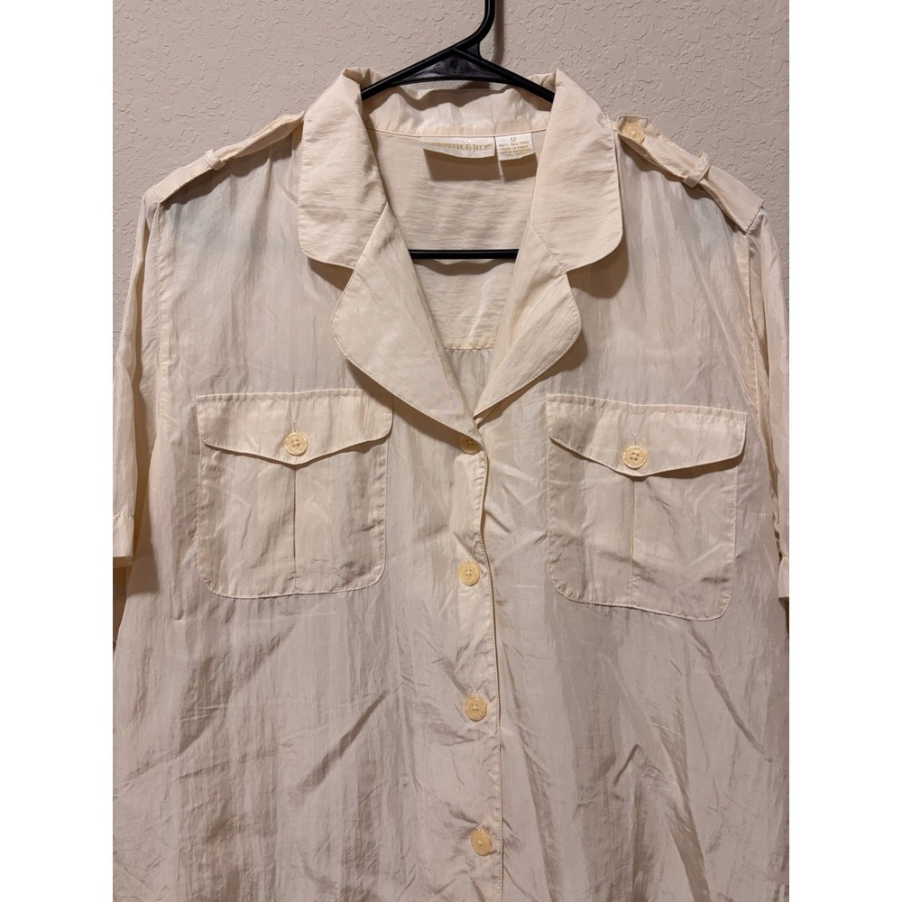 VTG 100% Silk Safari Shirt Sz 12 Cream Short Sleeve Gorpcore Utilitarian Blouse - Picture 5 of 14
